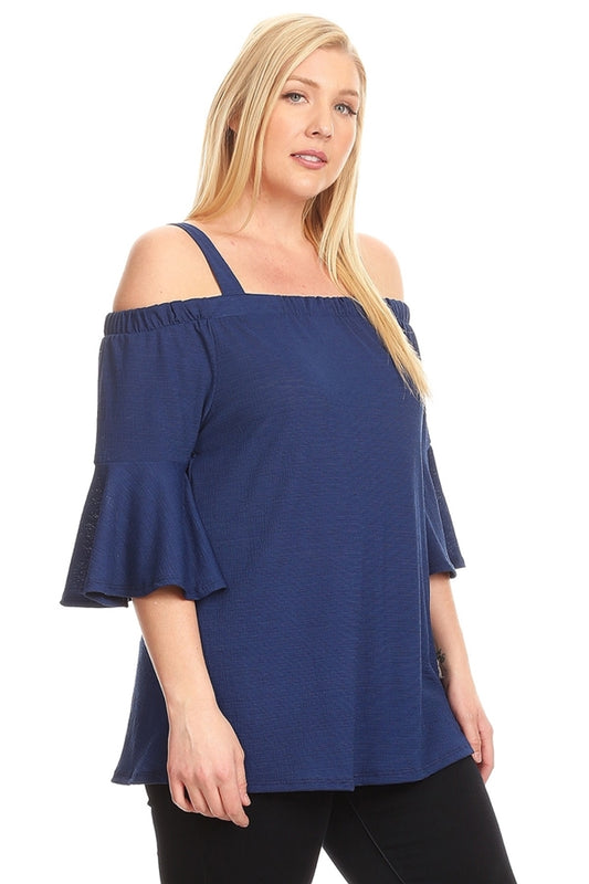 PLUS SIZE COLD SHOULDER BELL SLEEVE TOP 4068X-NAVY