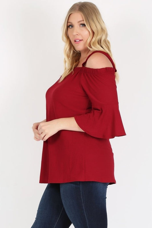 PLUS SIZE COLD SHOULDER BELL SLEEVE TOP 4068X-wine