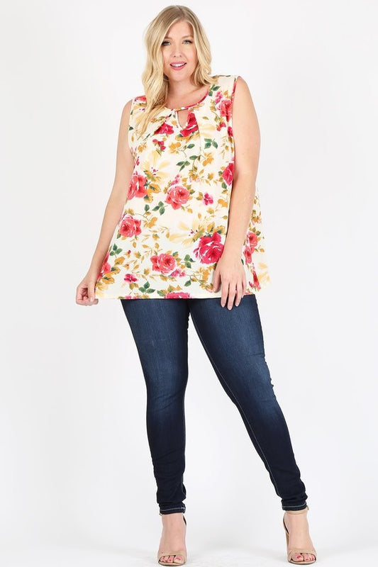 Plus Size Keyhole Sleeveless Floral print Top 4070FX-PEACH FUSHIA YELLOW