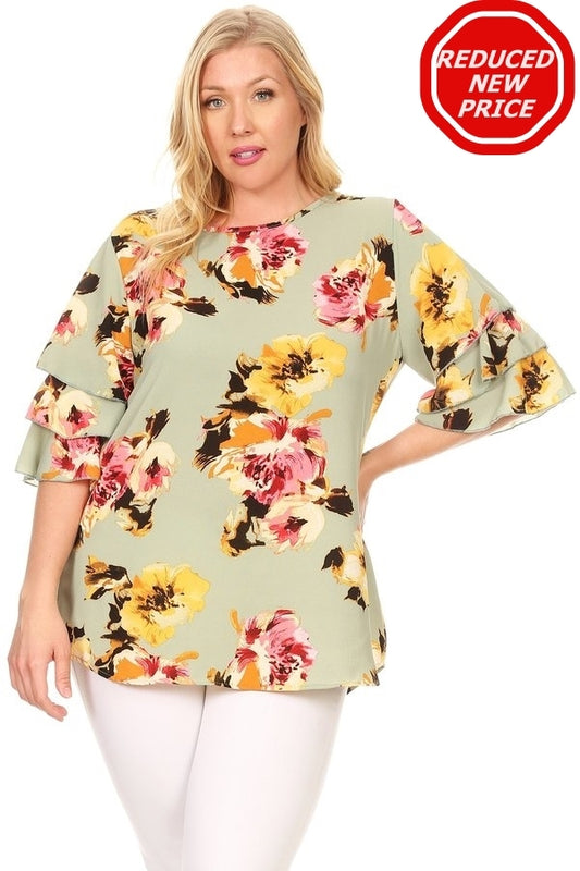 Plus Size Tiered Layered Sleeve Floral print Top 4073FX-SAGE-CORAL