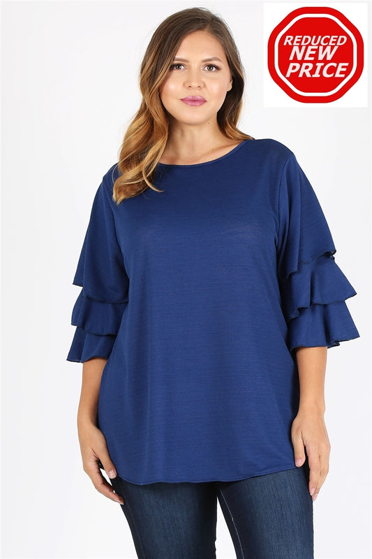 Plus Size Tiered Layered Sleeve Solid Top 4073X-Navy