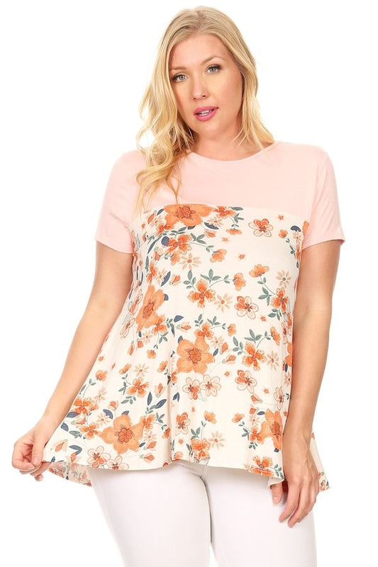 Plus Size Two Tone Floral Top 4075X-STONE