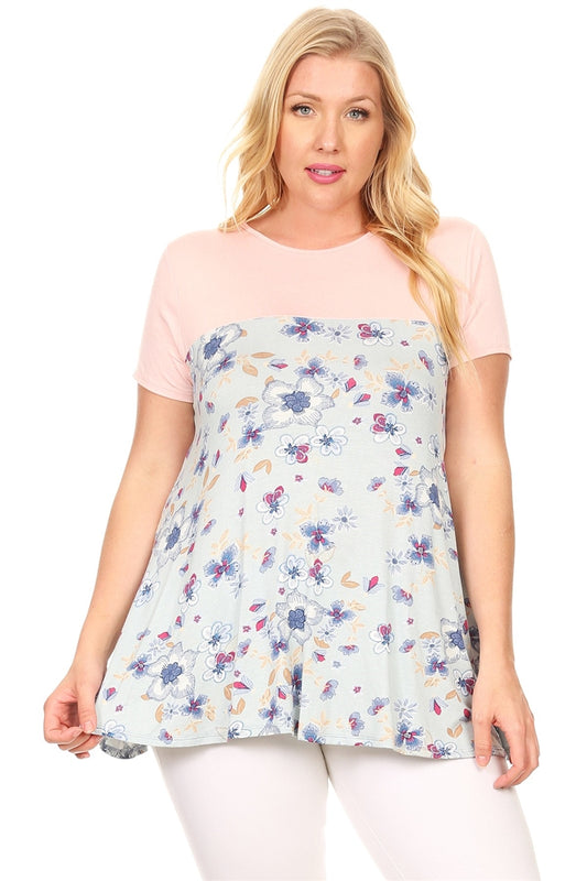 Plus Size Two Tone Floral Top (4075X)-Dusty-blue