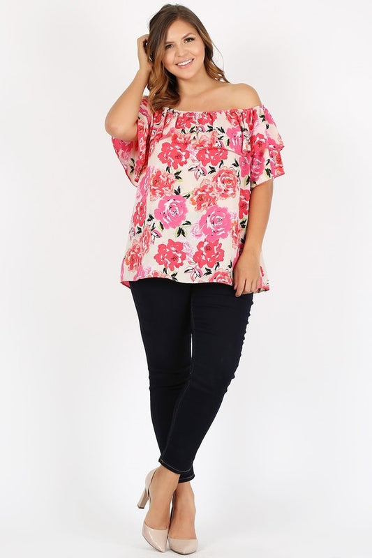 Plus Size Off Shoulder Floral Top 4078XF-Ivory-DK_Rose