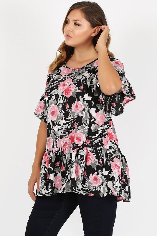 Plus Size Ruffle Floral Tunic Top 4079XF-BLACK PINK