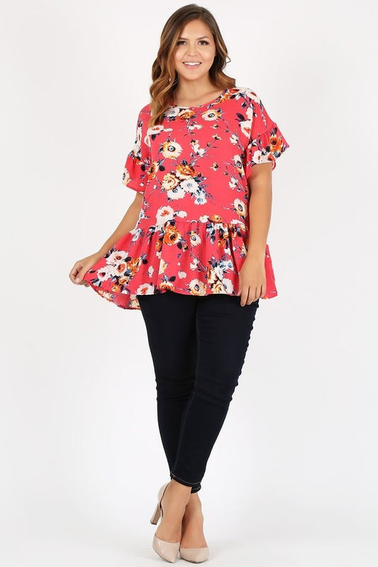 Plus Size Ruffle Floral Tunic Top 4079XF-CORAL RUST