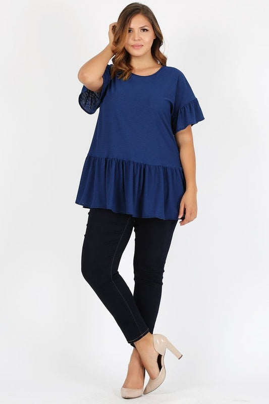 Plus Size Ruffle Solid Tunic Top 4079X-NAVY