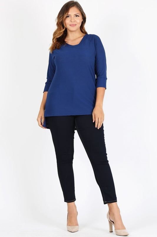 Plus Size Knit V-Neck Hi-Low Top 4080X-NAVY