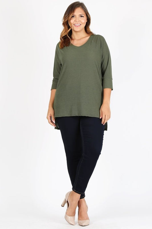 Plus Size Knit V-Neck Hi-Low Top 4080X-OLIVE