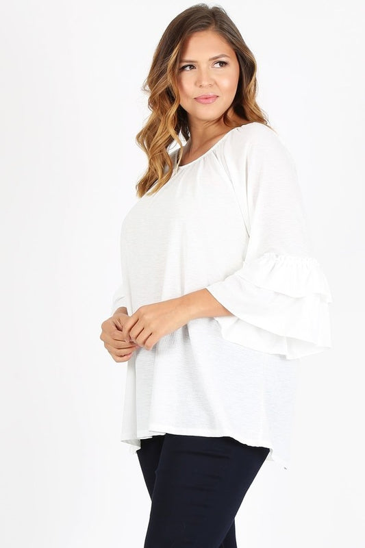 Plus Size Knit 3/4 Sleeve Double Layer Ruffle Sleeve Top 4081X-WHITE