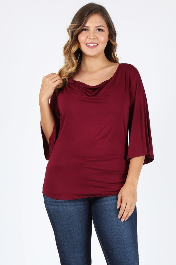 Plus Size 3/4 Sleeve Solid Top 4089-X-Burgundy
