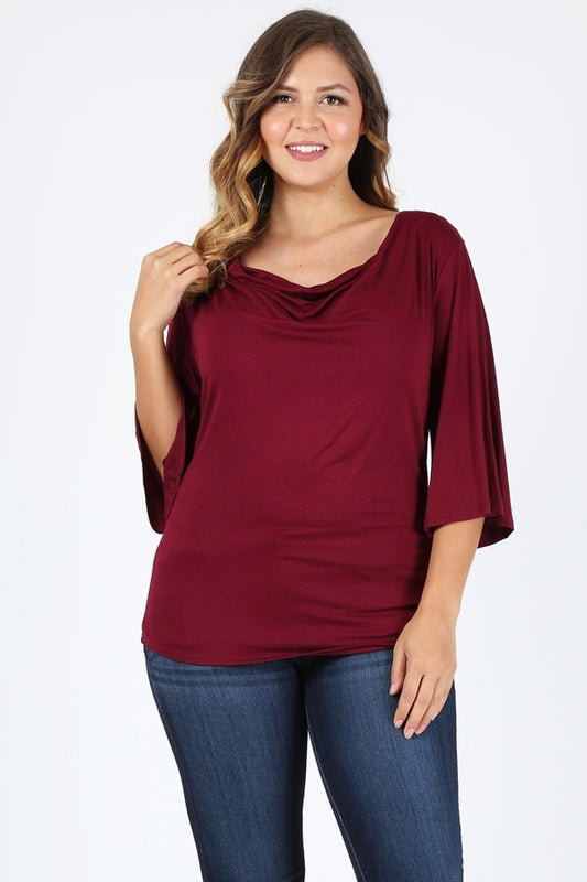 Plus Size 3/4 Sleeve Solid Top 4089-X-Burgundy