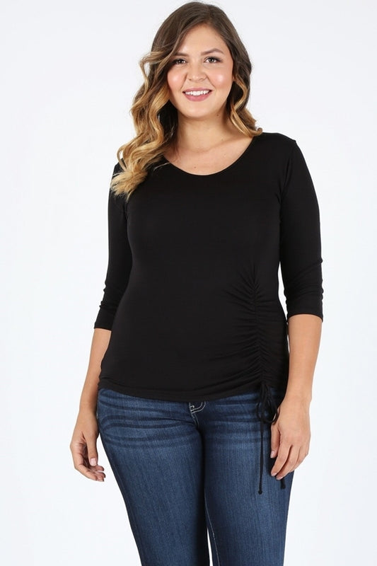 Plus Size 3/4 Sleeve Drawstring Top 4090-X-Black