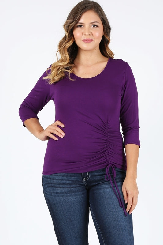 Plus Size 3/4 Sleeve Drawstring Top 4090-X-Eggplant