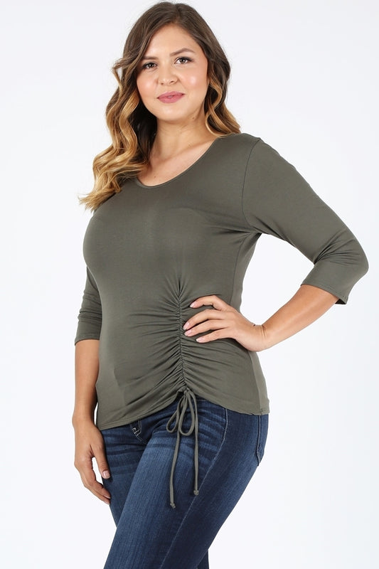 Plus Size 3/4 Sleeve Drawstring Top 4090-X-Olive