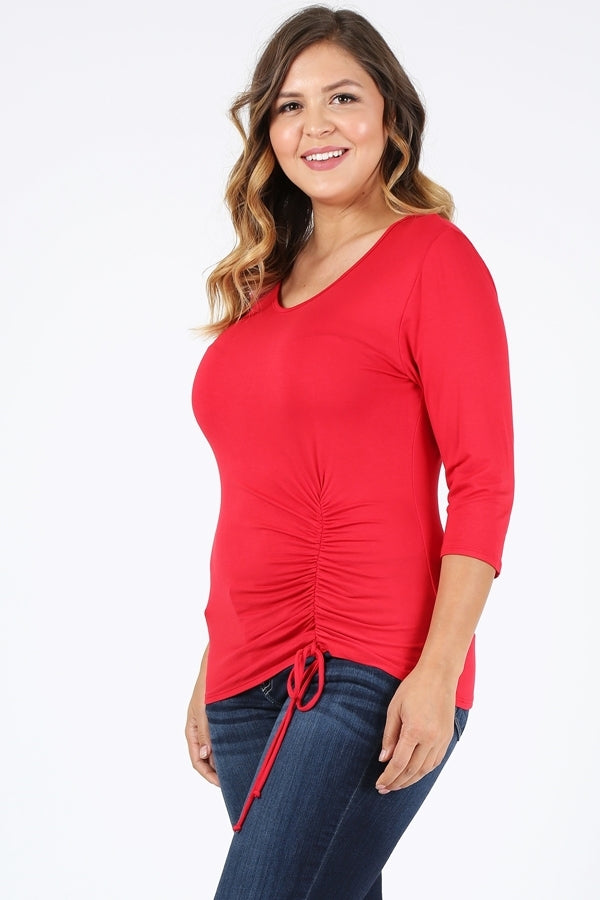 Plus Size 3/4 Sleeve Drawstring Top 4090-X-Red