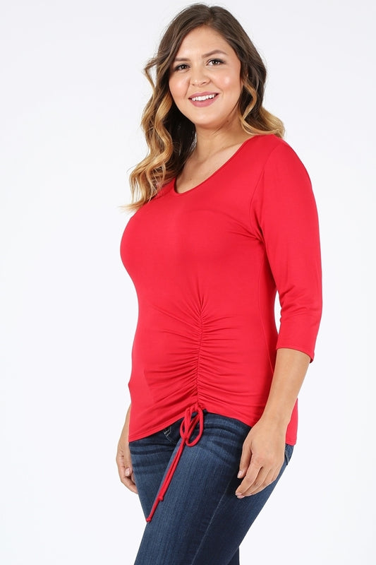 Plus Size 3/4 Sleeve Drawstring Top 4090-X-Red