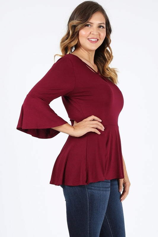Plus Size Bell-Sleeves Top 4092-X-Burgundy
