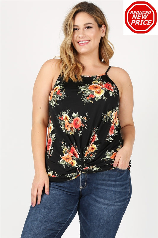 Plus Size Knit Twist Knot printed Tank 4100XF-Black-Coral