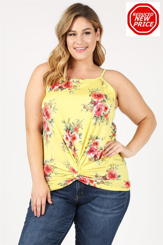 Plus Size Knit Twist Knot printed Tank 4100XF-Yellow-Coral