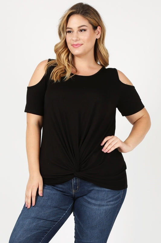 Plus Size Knit Twist Knot cold shoulder Top 4101X-BLACK