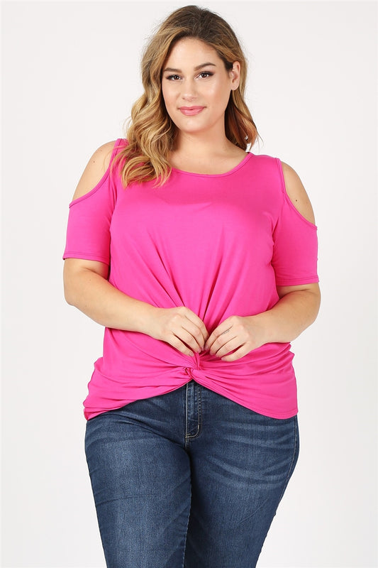 Plus Size Knit Twist Knot cold shoulder Top 4101X-TP-Fuschia
