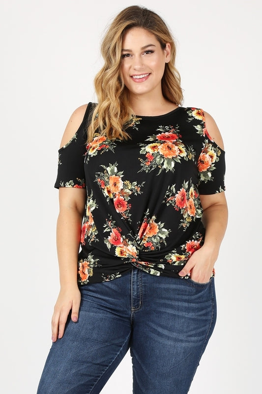 Plus Size Twist Knot cold shoulder printed Top 4101XF-BL-CR