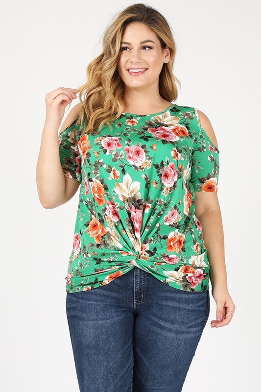 Plus Size Twist Knot cold shoulder printed Top 4101XF-GRN-RST