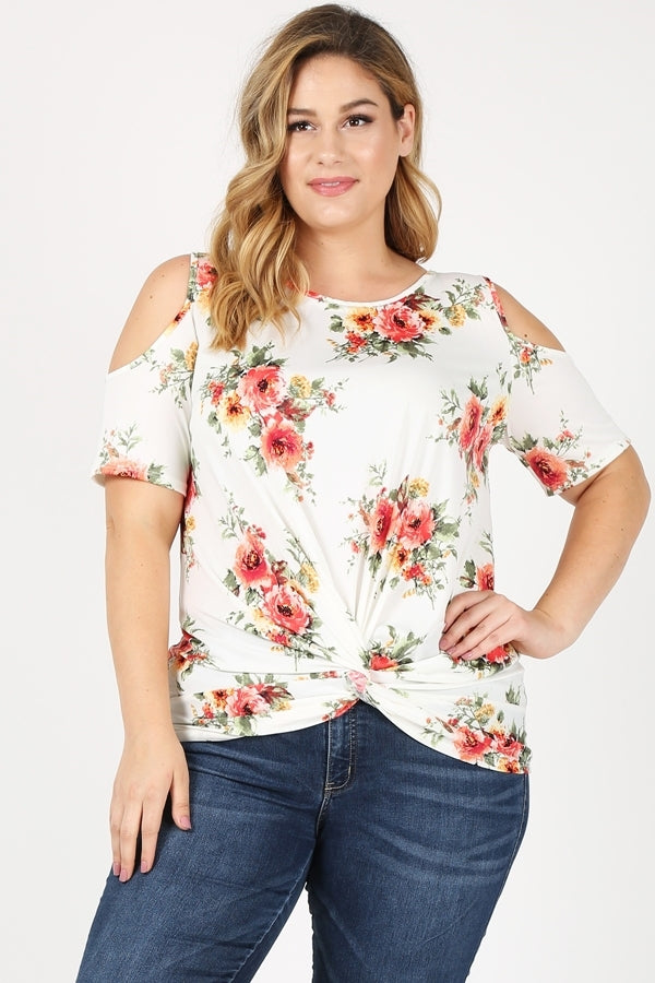 Plus Size Twist Knot cold shoulder printed Top 4101XF-IV-CR