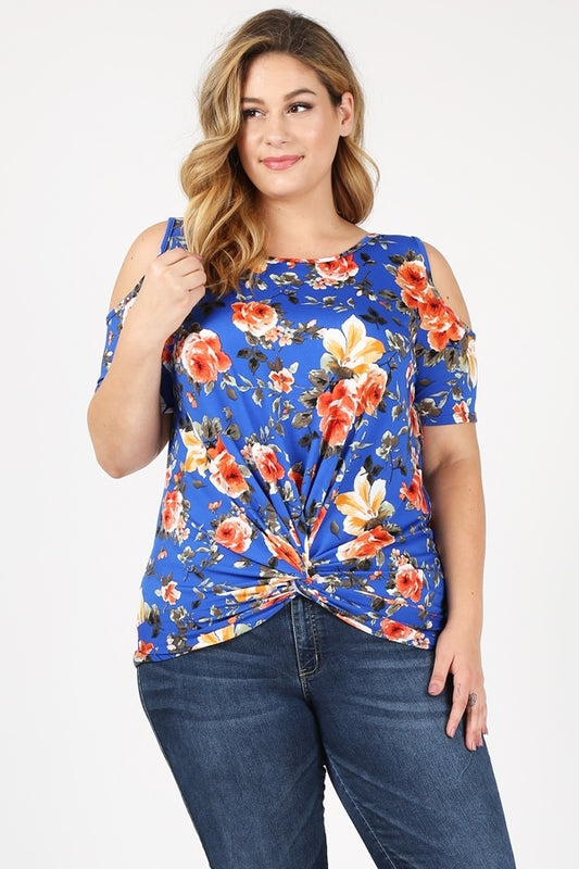 Plus Size Twist Knot cold shoulder printed Top 4101XF-Roy-Orn