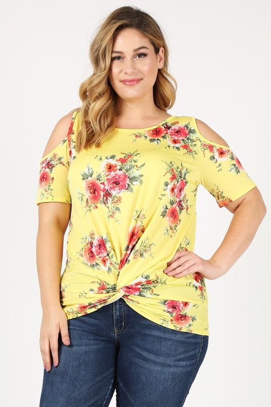 Plus Size Twist Knot cold shoulder printed Top 4101XF-Yel-cor