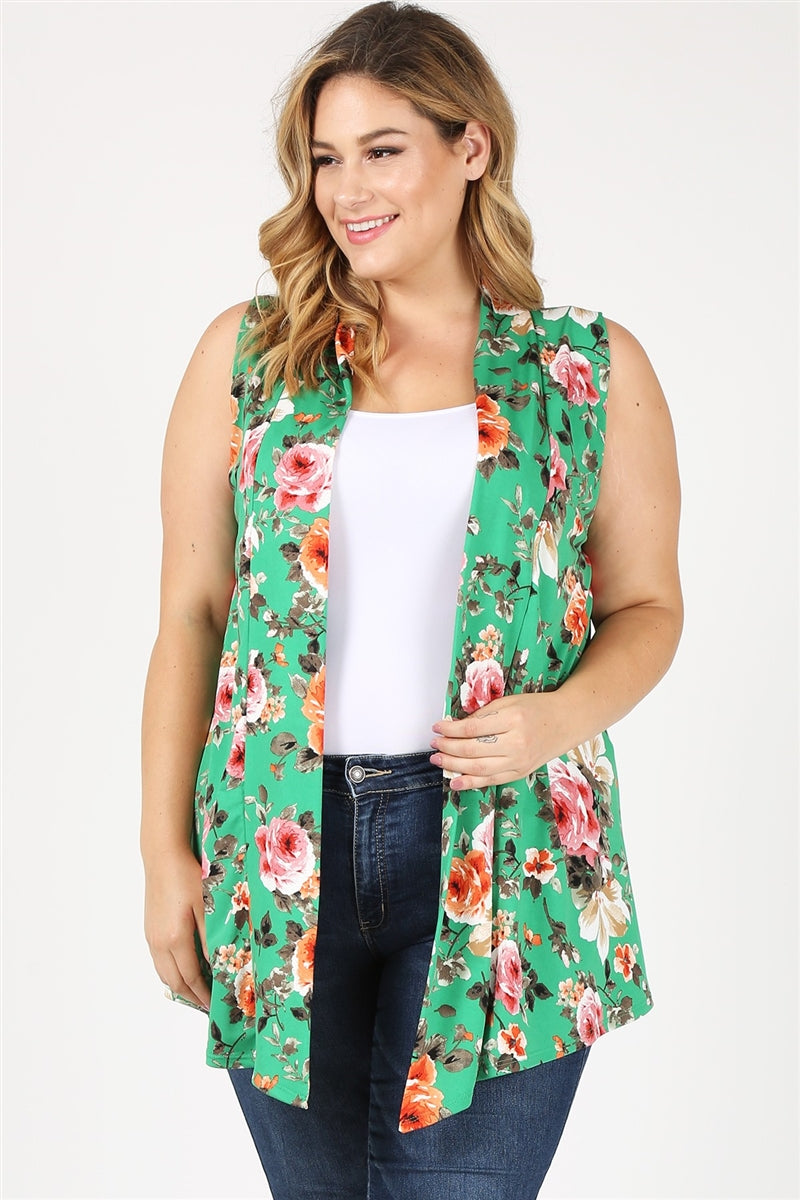 PLUS SIZE OPEN FRONT PRINTED CARDIGAN 4102XF-Green-Rust