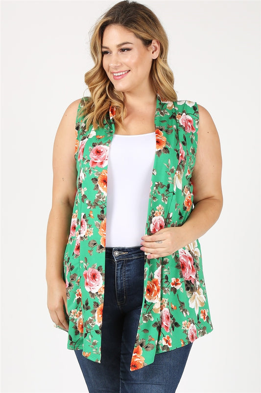 PLUS SIZE OPEN FRONT PRINTED CARDIGAN 4102XF-Green-Rust