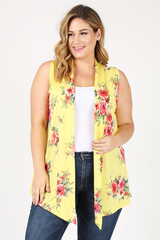 PLUS SIZE OPEN FRONT PRINTED CARDIGAN 4102XF-Yellow-Coral