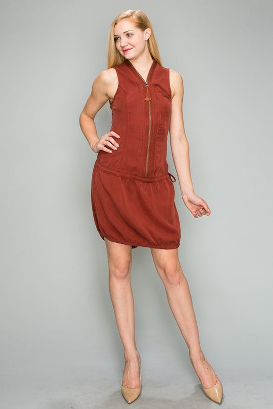 Tencel Zip Up Dress with Drawstring Waist 6290-BURGUNDY
