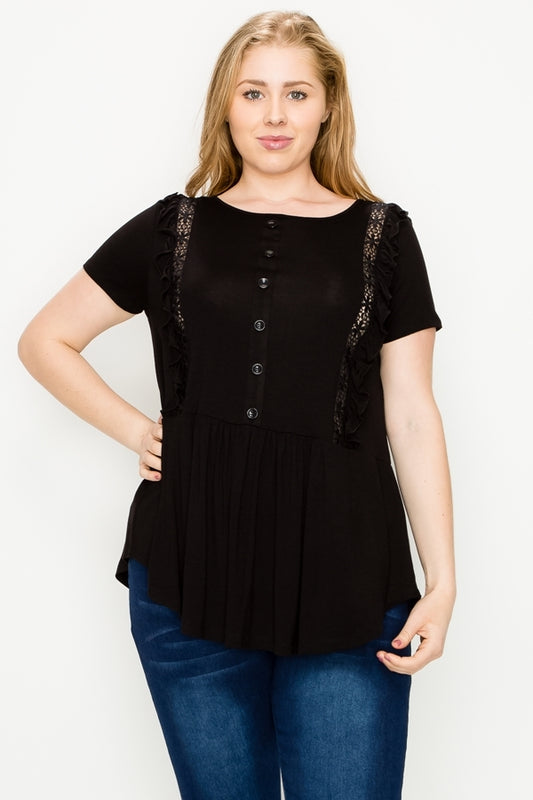 Plus size Crochet Ruffled top 80725X-Black