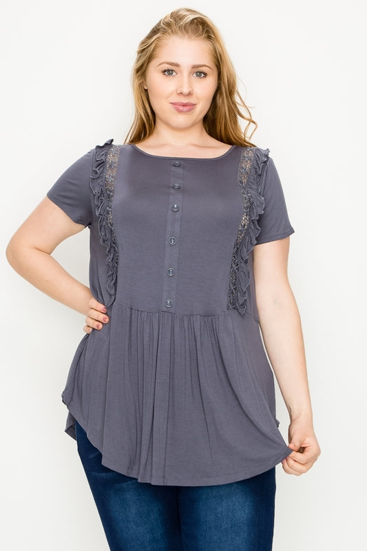 Plus size Crochet Ruffled top 80725X-Charcoal