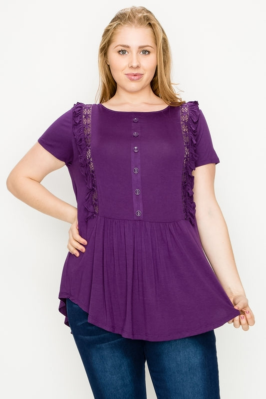 Plus size Crochet Ruffled top 80725X-Plum