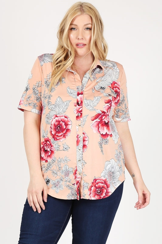 Plus size Printed button-down Blouse top 83002PX-Coral