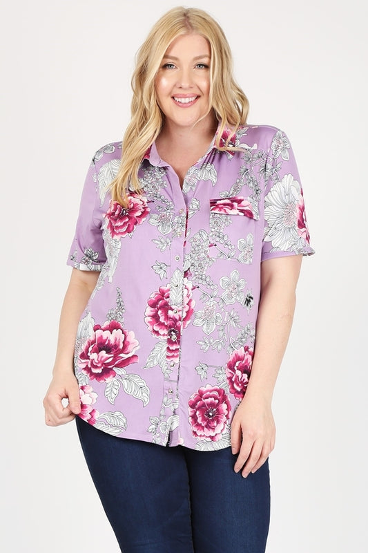 Plus size Printed button-down Blouse top 83002PX-Lavender