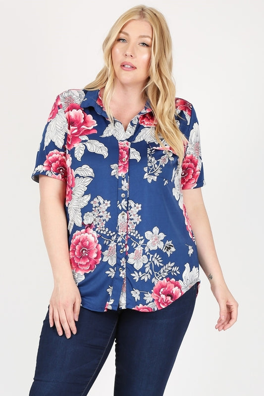 Plus size Printed button-down Blouse top 83002PX-Navy