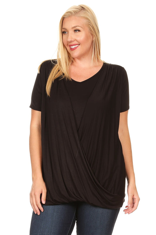 PLUS SIZE CROSS DRAPED V-NECK TOP 84052X-Black