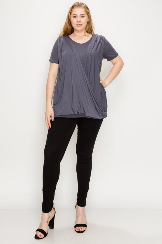 PLUS SIZE CROSS DRAPED V-NECK TOP 84052X-Charcoal