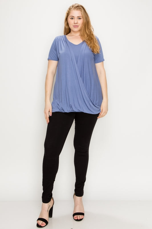 PLUS SIZE CROSS DRAPED V-NECK TOP 84052X-Denim