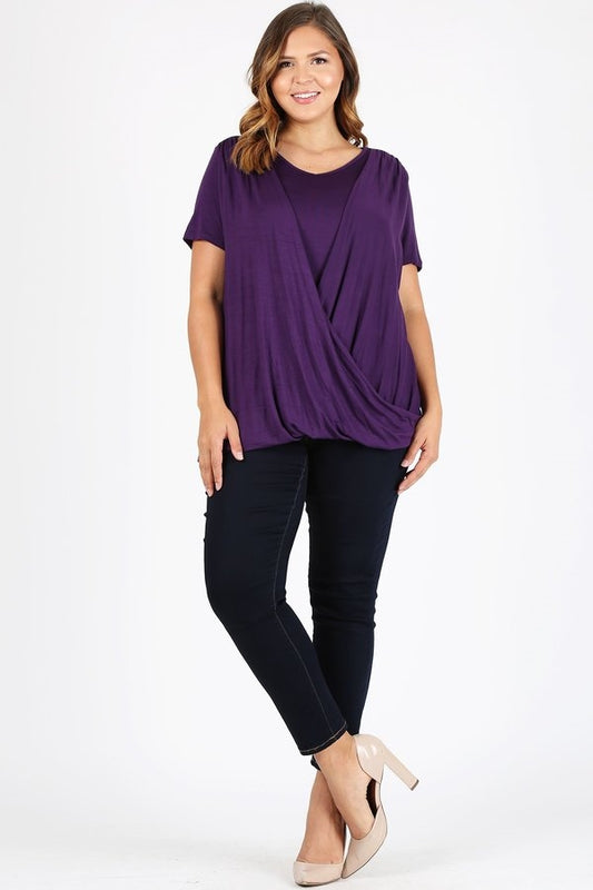 PLUS SIZE CROSS DRAPED V-NECK TOP 84052X-PLUM