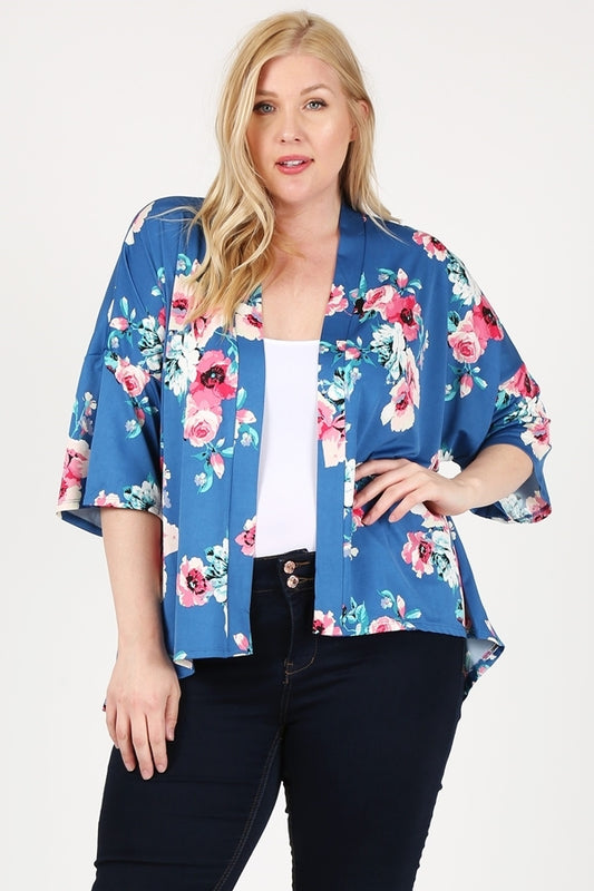 PLUS SIZE OPEN FRONT FLORAL PRINT CARDIGAN TOP 84058PX-Navy