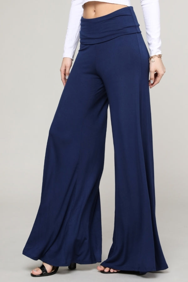 KNIT FOLD-OVER WAIST PALAZZO PANTS 9001-Navy
