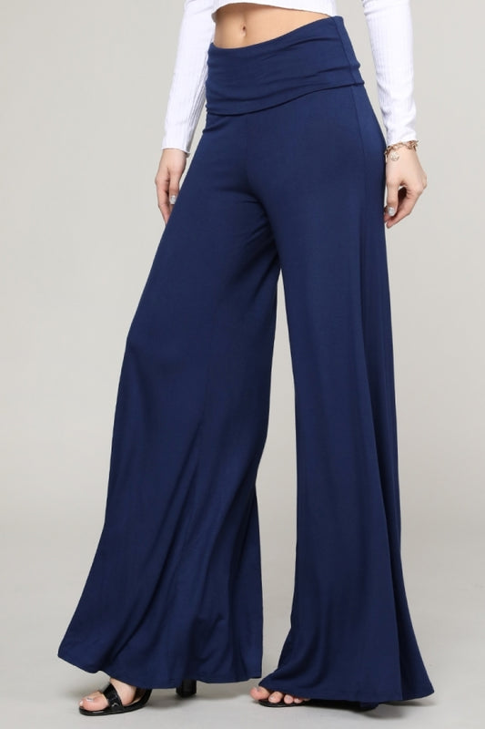 KNIT FOLD-OVER WAIST PALAZZO PANTS 9001-Navy