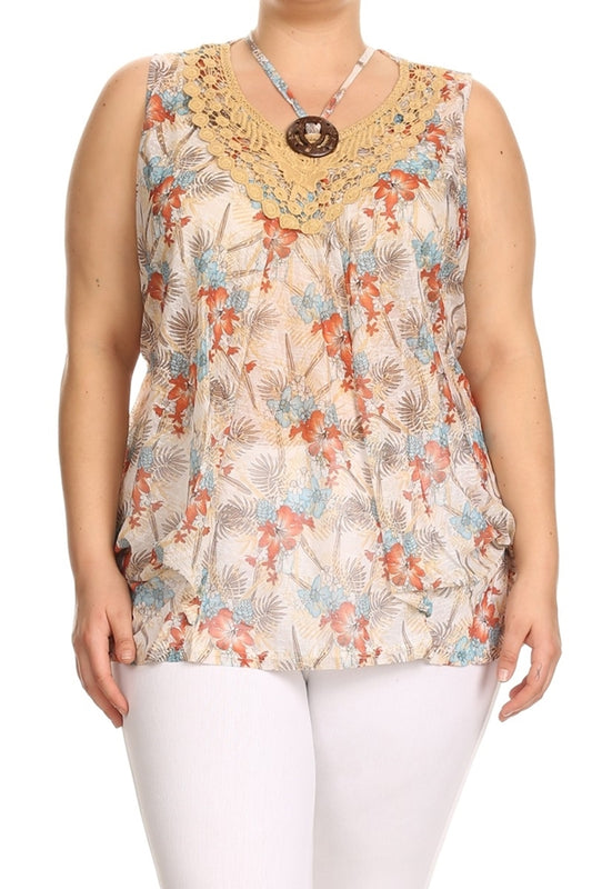 Plus Size Crochet Neck Printed Top B-2702-Khaki