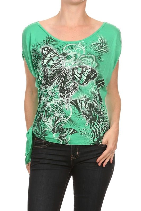 Graphic Printed Tied Side Top BSS-3016-GREEN